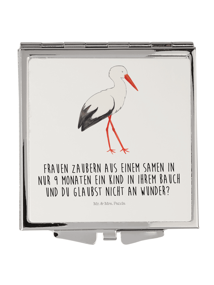 Kosmetikspiegel Storch mit Spruch in Weiß