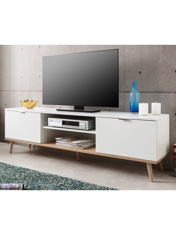 TV-Lowboard weiß matt, Eiche 160 cm 2-türig, skandinavisch