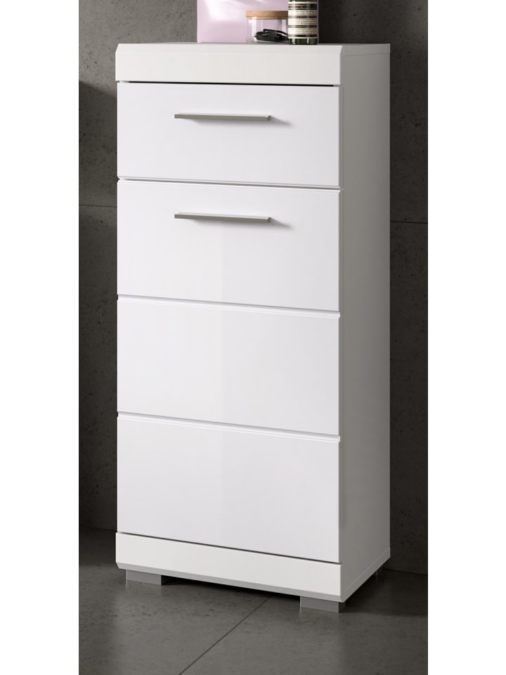 Badkommode weiß Hochglanz 37 x 88 cm, Badschrank mit Vollauszug