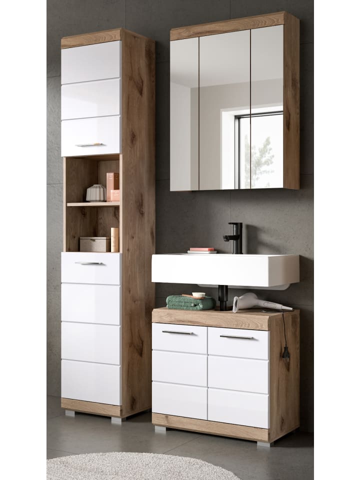 Badmöbel-Set weiß Hochglanz, Eiche 3-teilig 112 cm mit viel Stauraum