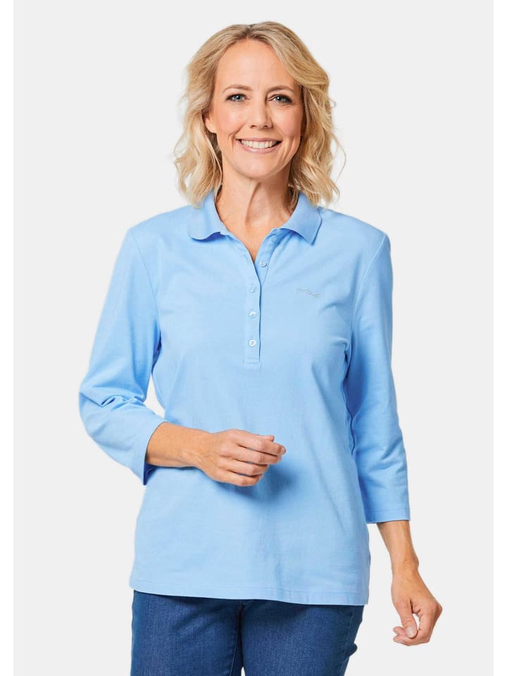 Kurzgröße: Baumwollshirt mit Glanzakzenten in himmelblau