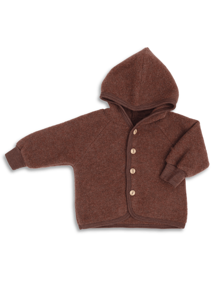 Baby Kapuzenjacke mit Holzknöpfen & Mulltuch Blaubaer in Zimt Melange