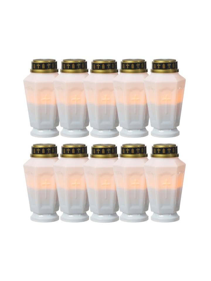 10er Set LED Grablicht Grabkerze flackernd Timer H: 15,5cm in weiß