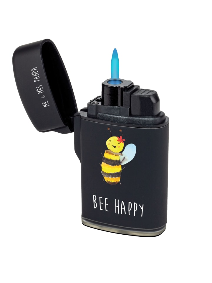 Sturmfeuerzeug Biene Happy mit Spruch in Schwarz