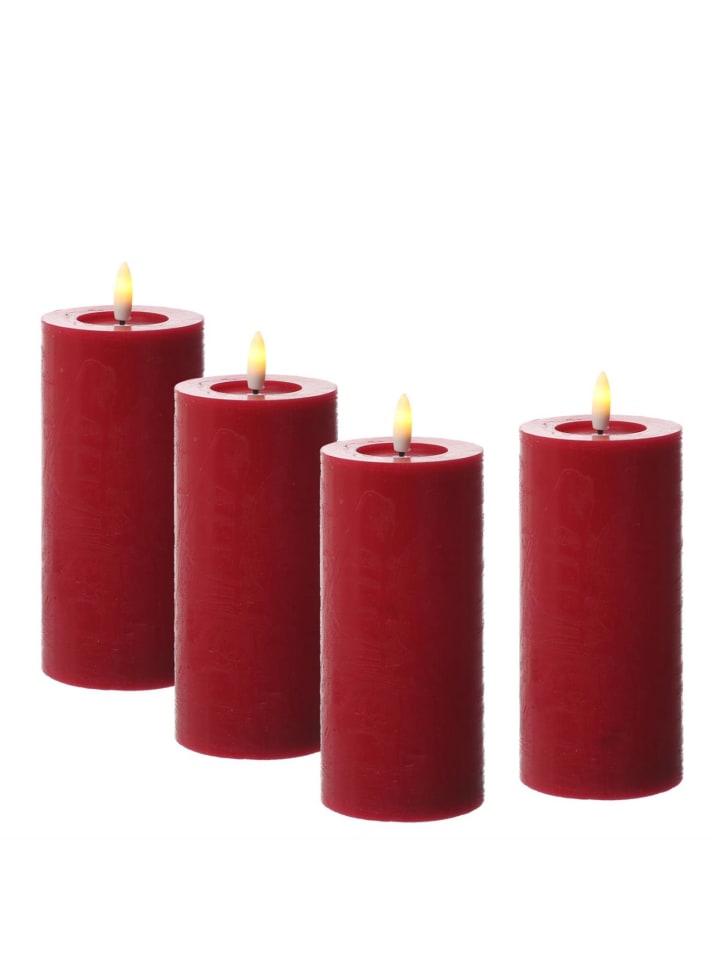 4x LED Kerze LINA Echtwachs Rustik-Optik 7x15cm in rot