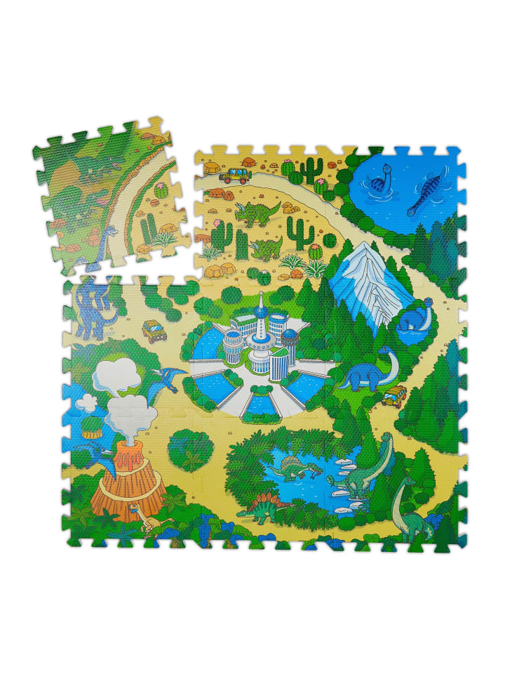 9-tlg. Puzzlematte Dinosaurier in Bunt - (B)90 x (T)90 cm