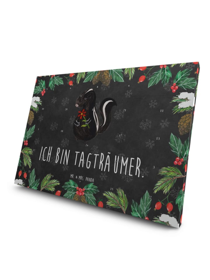 Advents-Teekalender Stinktier Blume mit Spruch in Kreidetafel