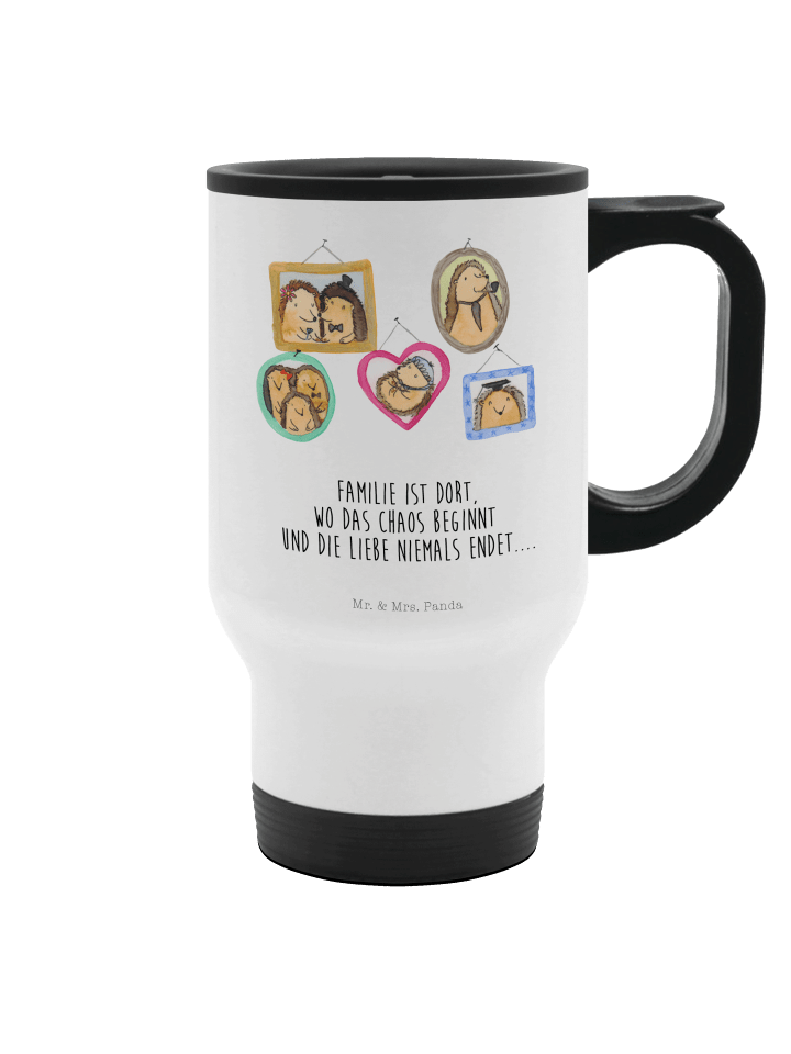 Thermobecher Igel Familie mit Spruch in Weiß