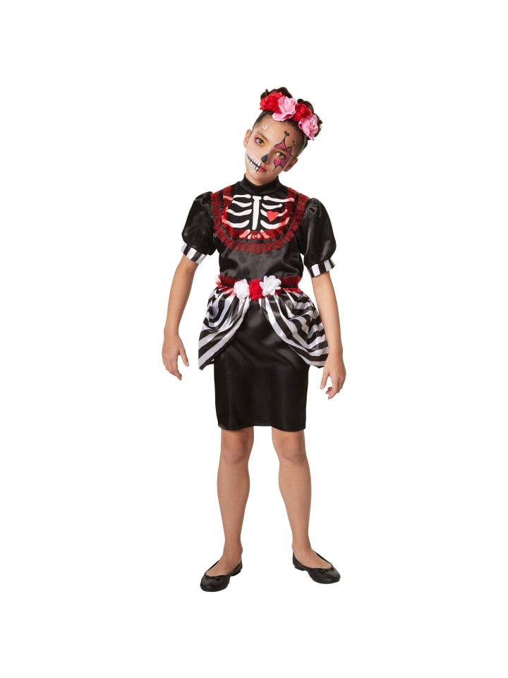 Untote/Skelettfrau, Gr. 128 (7-8 Jahre), Kurzkleid mit Skelettaufdruck