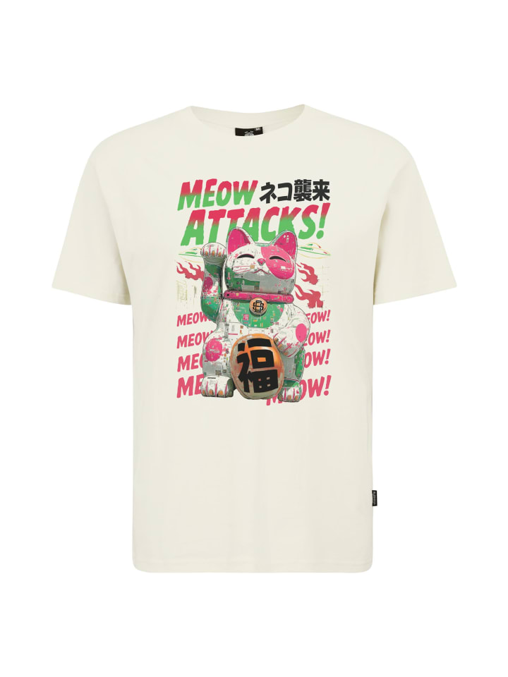 T-Shirt Asian Lucky Cat Attack Graphic in Off White