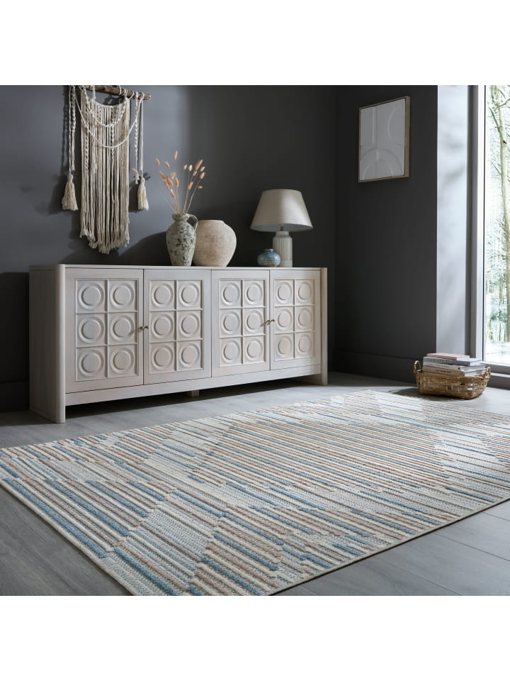 Teppich Flachgewebe Pflegeleicht RIDGE Rauten gestreift Wohnzimmer in Blau-Beige