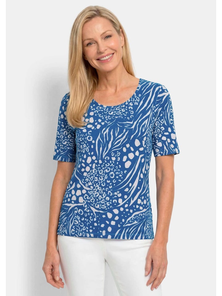 Kurzgröße: Viskoseshirt in modischem Animal Print in blau / weiß / gemustert