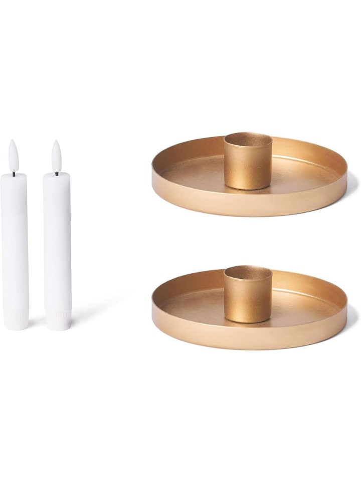 Novaliv 2er-Set Stabkerzenhalter 14cm Metall rund Tafelkerzen Gold mat in Gold
