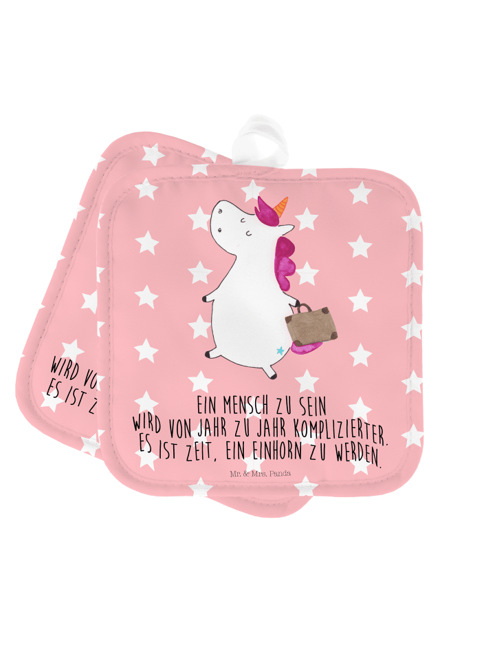 Topflappen Einhorn Koffer mit Spruch in Rot Pastell