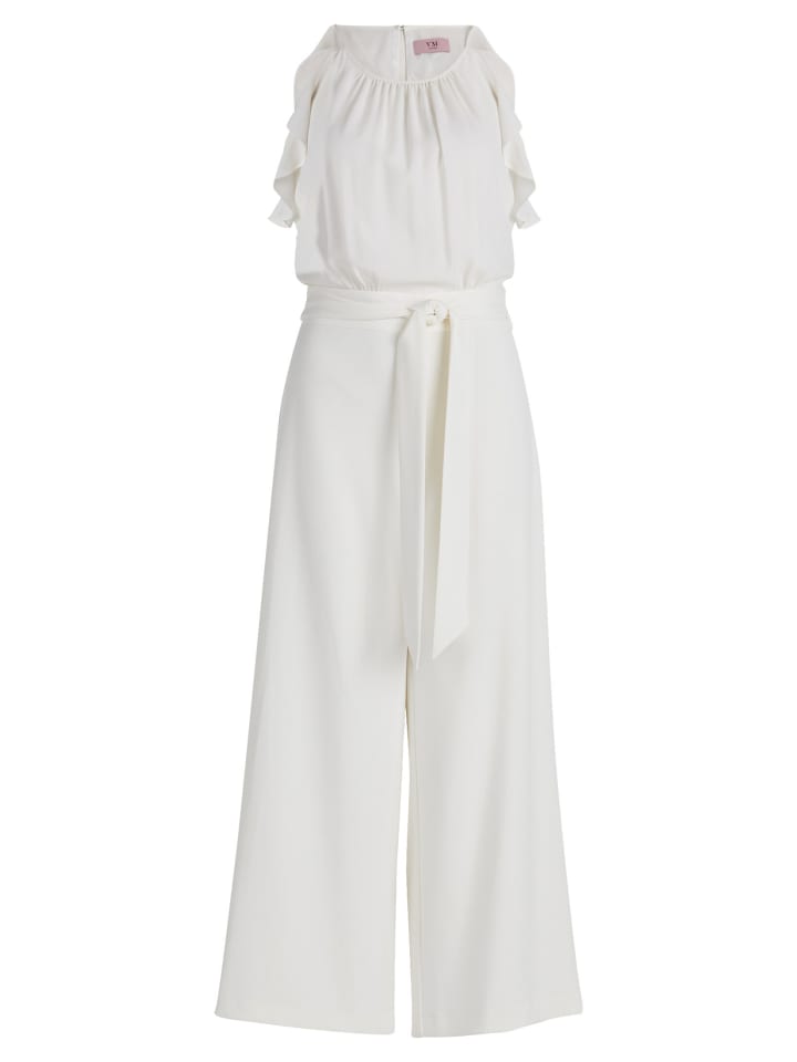 Jumpsuit mit Volant und Bindegürtel in Rohweiß