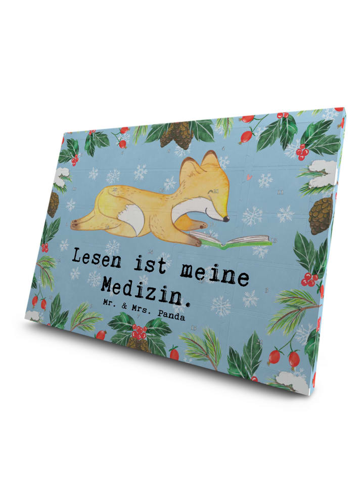 Advents-Teekalender Fuchs Lesen mit Spruch in Eisblau