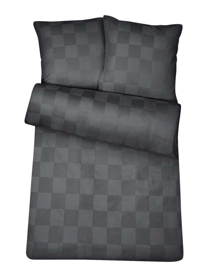 Damast Bettwäsche Anthrazit Karo aus 100% Baumwolle 135 x 200 cm + 1x 80x80 cm