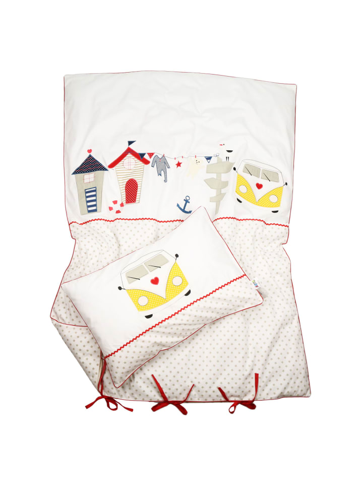 Kinderbettwäsche "STRANDHAUS & Co." in Maritim/Gelb - (L) 135 x (B) 100cm