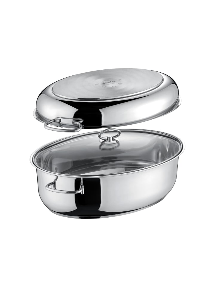 Ovaler Edelstahlbräter 3in1, Glasdeckel 38x25,5 cm, poliert in poliert