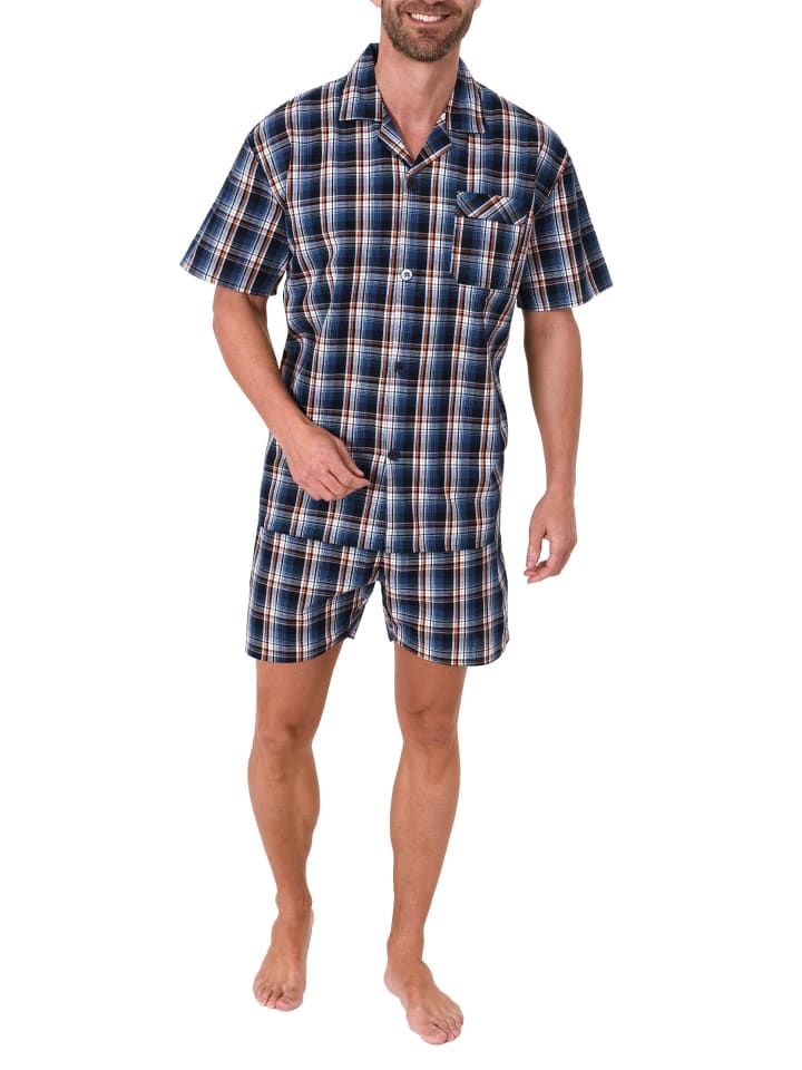 Schlafanzug Shorty Pyjama kurzarm gewebt zum Knöpfen - 79993 in blau
