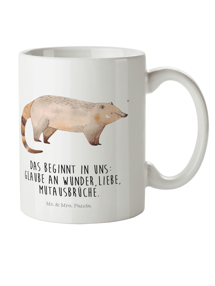 Kindertasse Nasenbaer mit Spruch in Weiß