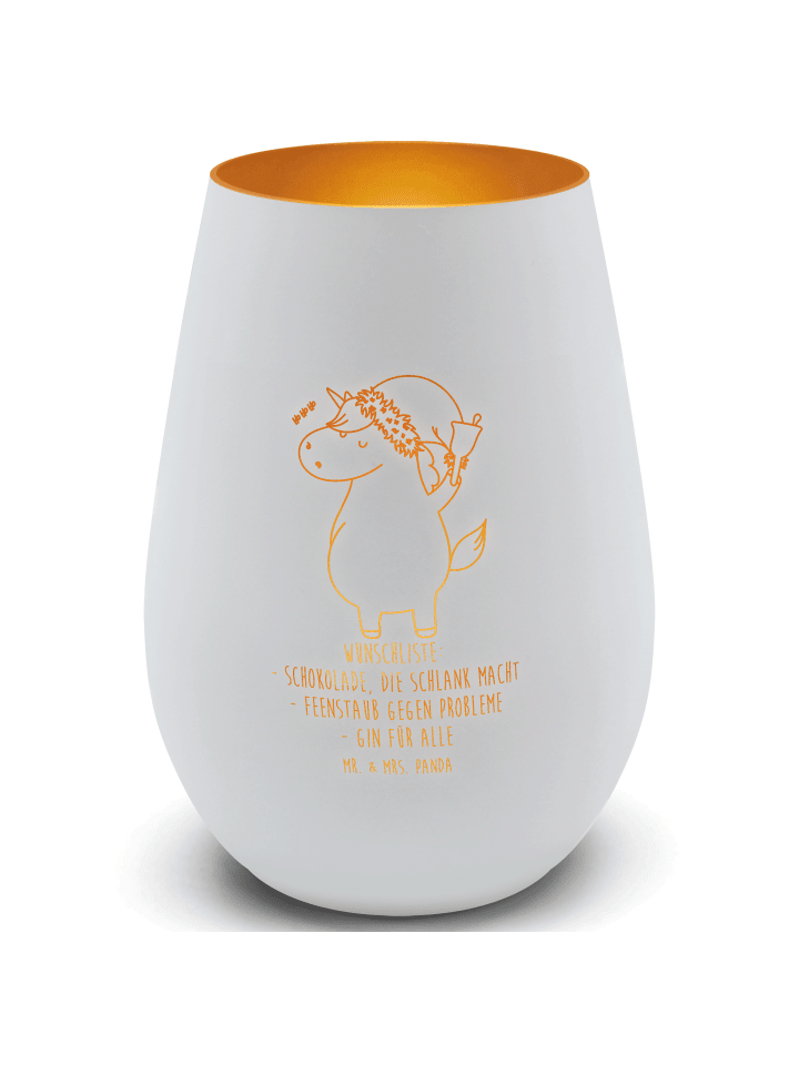 Windlicht Glas Einhorn Weihnachtsmann mit Spruch in Weiß