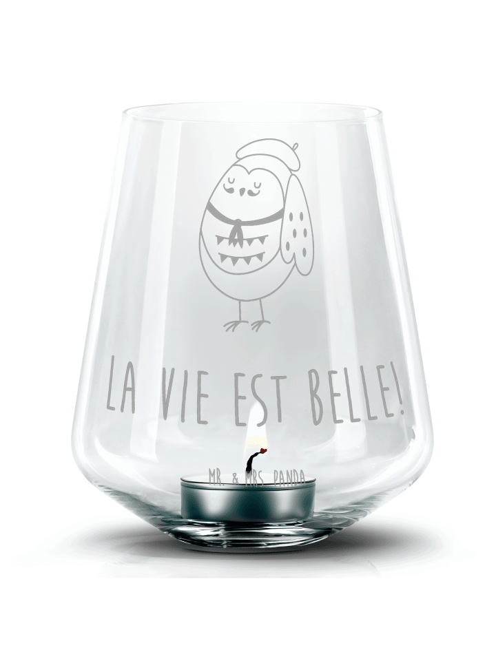 Windlicht Glas Eule Frankreich mit Spruch in Transparent