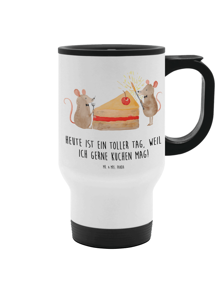 Kaffee-Thermobecher Mäuse Kuchen mit Spruch in Weiß