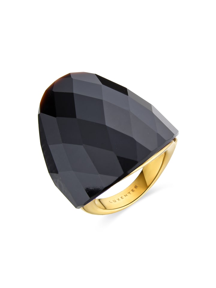 Ring aus hydrothermalem Quarz mit Onyx, veredelt mit 18 Karat Gelbgold – Konsil