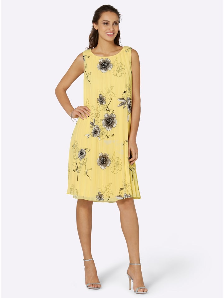 Plisseekleid in zitrone-grau-bedruckt