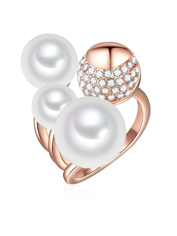 Perlen-Ring aus Messing mit Glas und Muschelkernperle in roségold