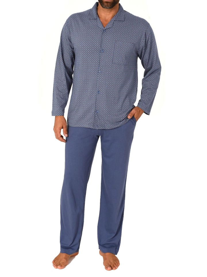 Langarm Schlafanzug Jersey Pyjama zum durchknöpfen - 81202 in blau