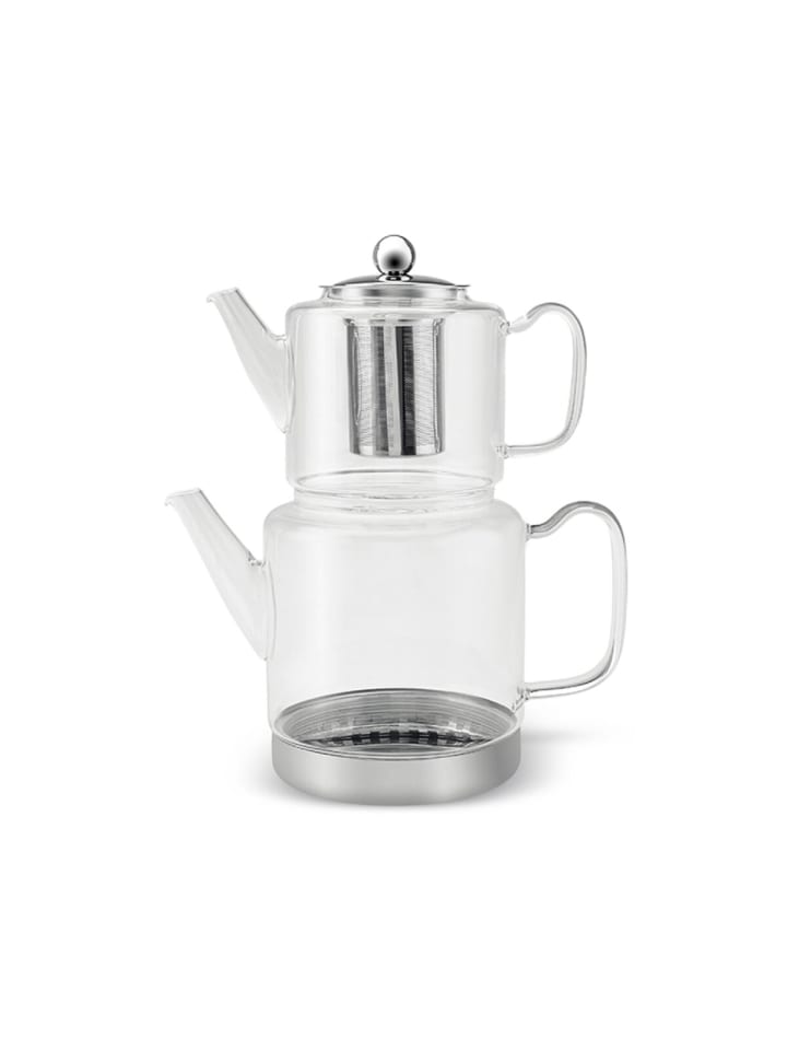 Teekannen-Set aus Glas mit ergonomischem Griff und Edelstahlfuß in Transparent