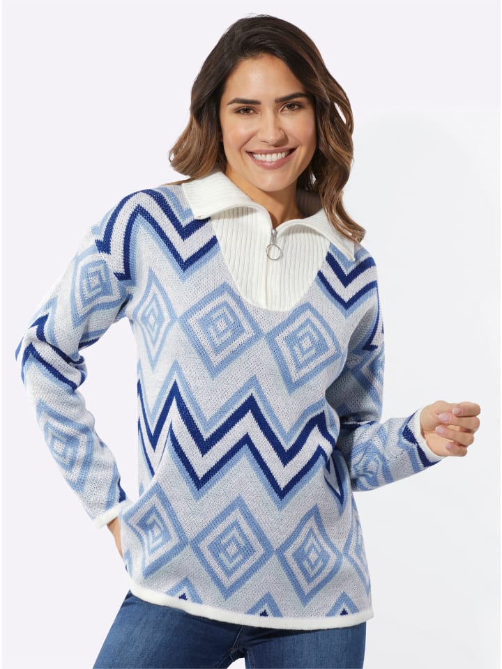 Troyer-Pullover in ecru-himmelblau-gemustert