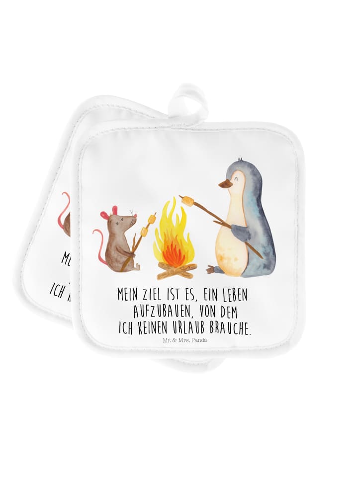 Topflappen Pinguin Lagerfeuer mit Spruch in Weiß