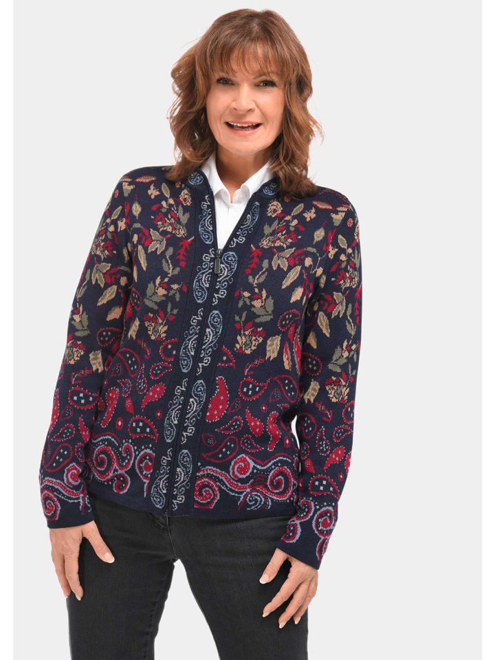 Kurzgröße:  Feinstrick Jacquard-Cardigan, Print in dunkelblau / gemustert