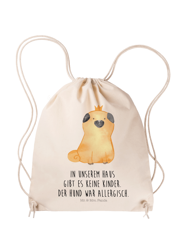 Rucksackbeutel Mops Krone mit Spruch in Creme