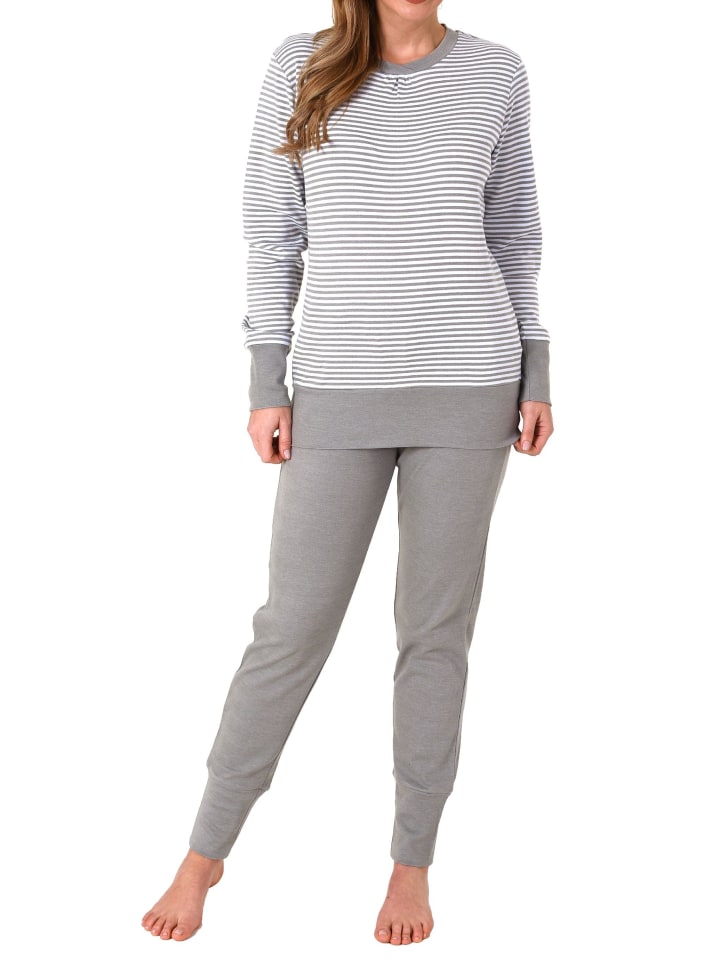 Pyjama langarm Schlafanzug Bündchen Streifen - 69564 in grau