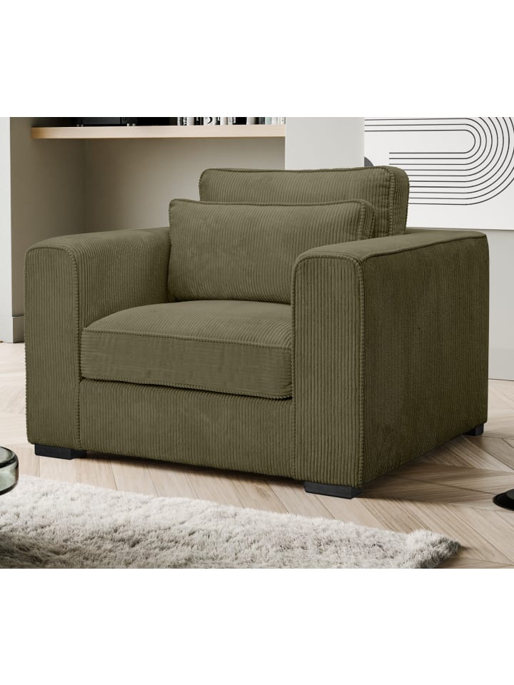 Sessel khaki Cord, Loungesessel 120 cm, Wohnzimmersessel mit Wellenfederung