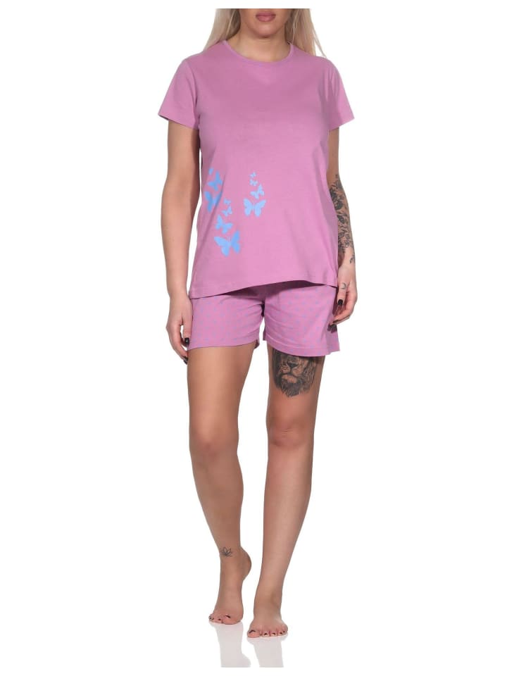 Schlafanzug kurzarm Pyjama Shorty Tupfen Punkte Optik - 86447 in altrose