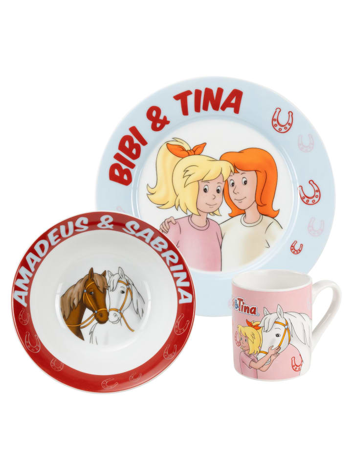 Bibi & Tina Kinder Frühstücksset Pferde Geschirr Set 3-tlg. in blau/rot