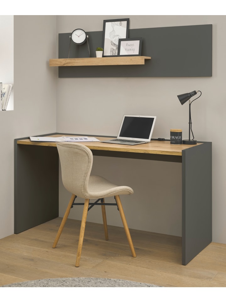 Schreibtischkombination 2-teilig grau matt, Eiche 143 cm, Büromöbel Set
