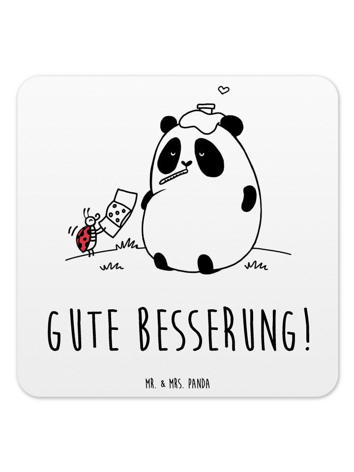 Glasuntersetzer Panda Gute Besserung mit Spruch in Weiß