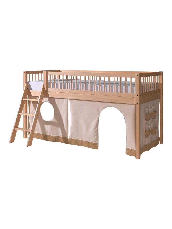 HALBHOHES BETT Kelci 90x200 Leiter + Textilset Buche Massivholz natur