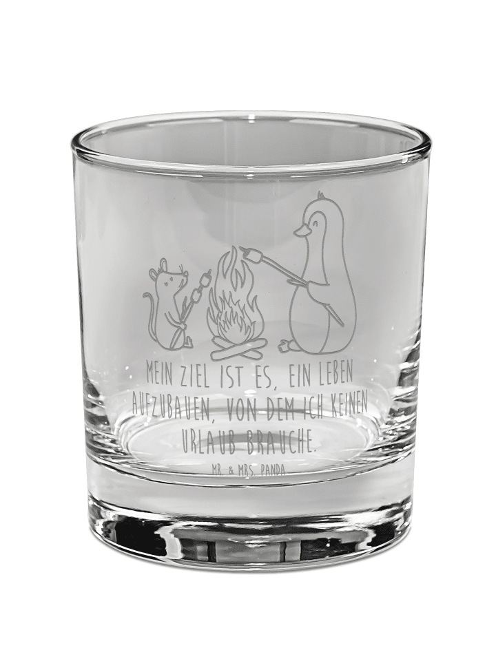 Whiskey Tumbler Pinguin Lagerfeuer mit Spruch in Transparent