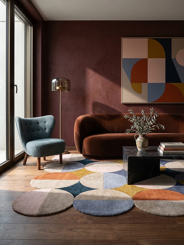 Teppich Wolle Handgetuftet HALLEIN Kreis Wellenform Wohnzimmer in Multicolor