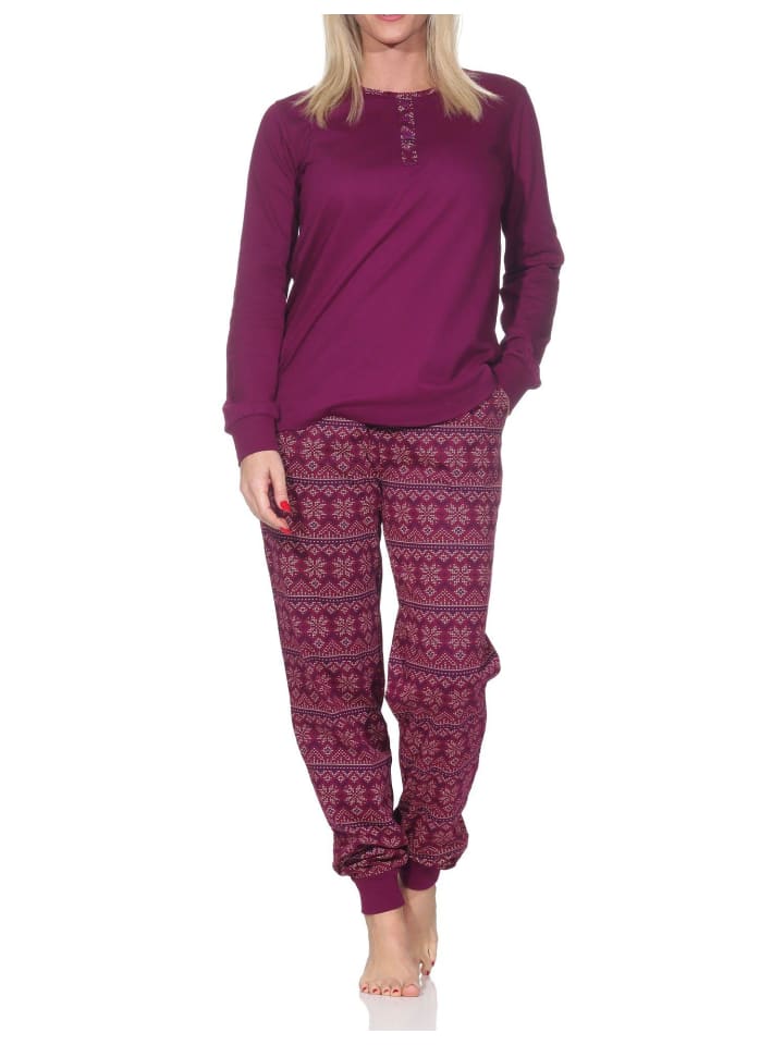 Langarm Schlafanzug Pyjama Bündchen Ethnolook in beere