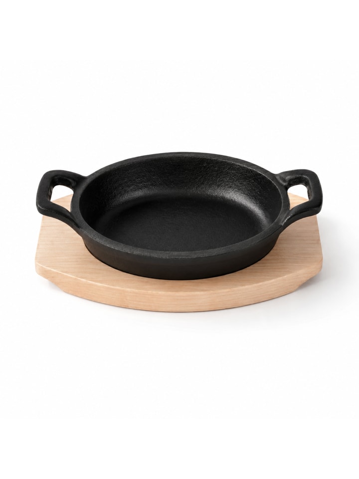 Kleine Gusseisenpfanne Oval 14x9 cm, Emaille Servierpfanne in Schwarz
