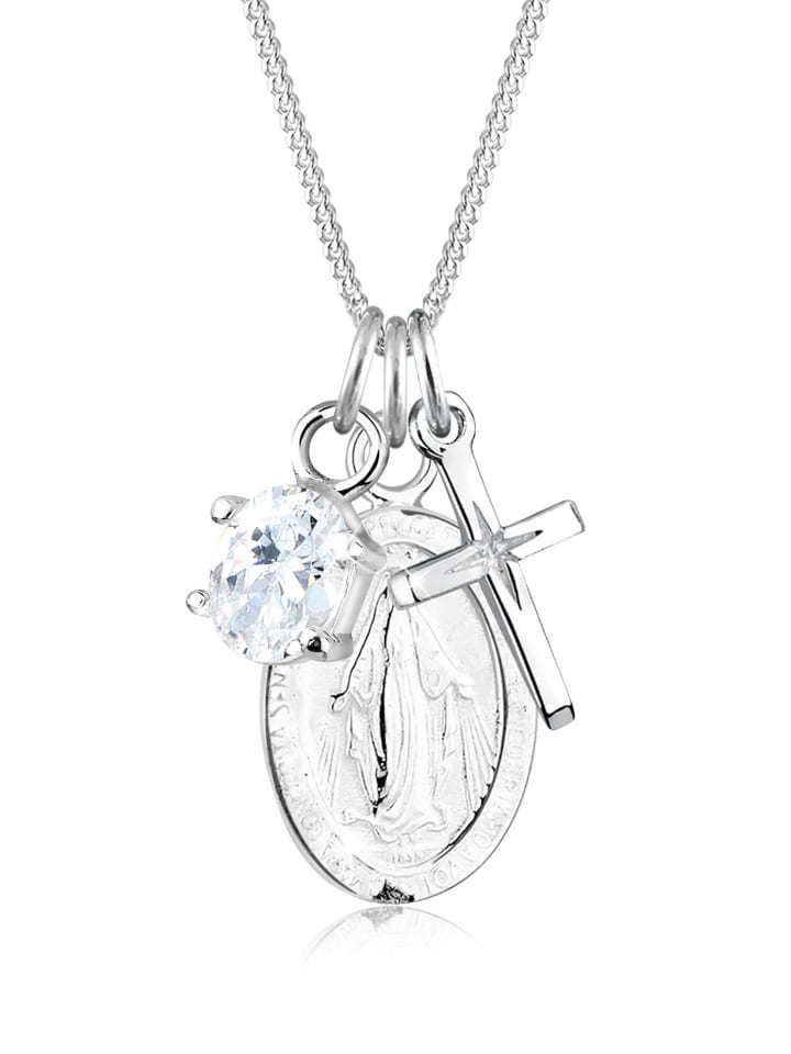 Halskette 925 Sterling Silber Kreuz, Marienbild in Silber