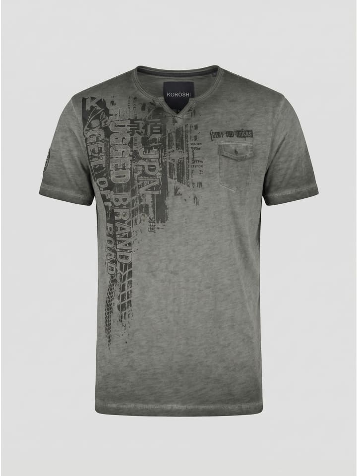 Henley cotton print-emb washed t-shirt in grau